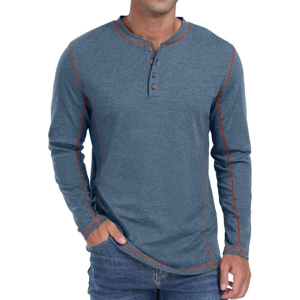 Men's Henley Shirts Long Sleeve Casual Classic Tee Cotton Button Henley Maverick